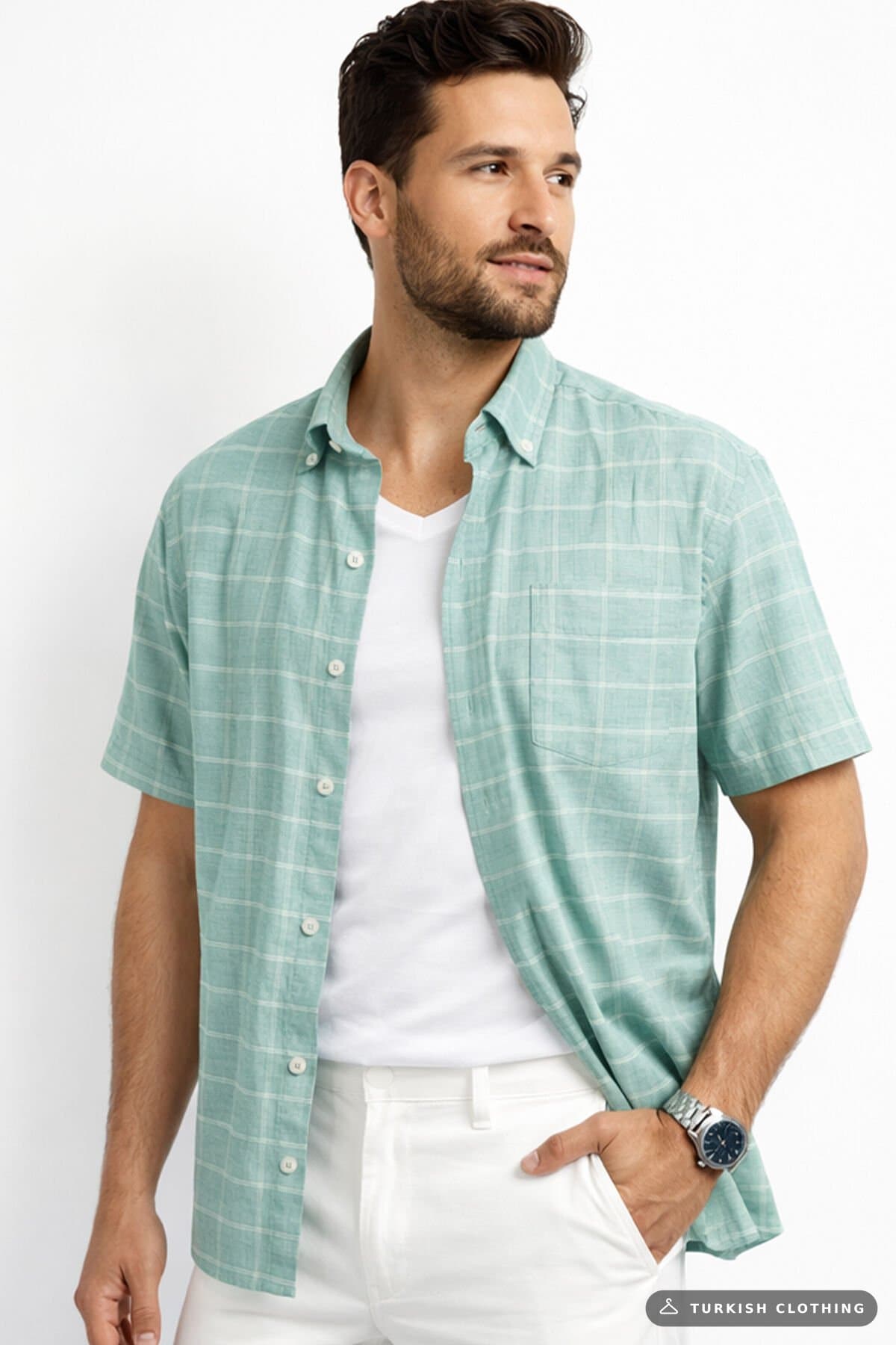 Varetta Men's Short Sleeve Shirt Green Collar Buttoned Pocket Summer Casual – wholesale Shirts by Varetta, Turkish clothing