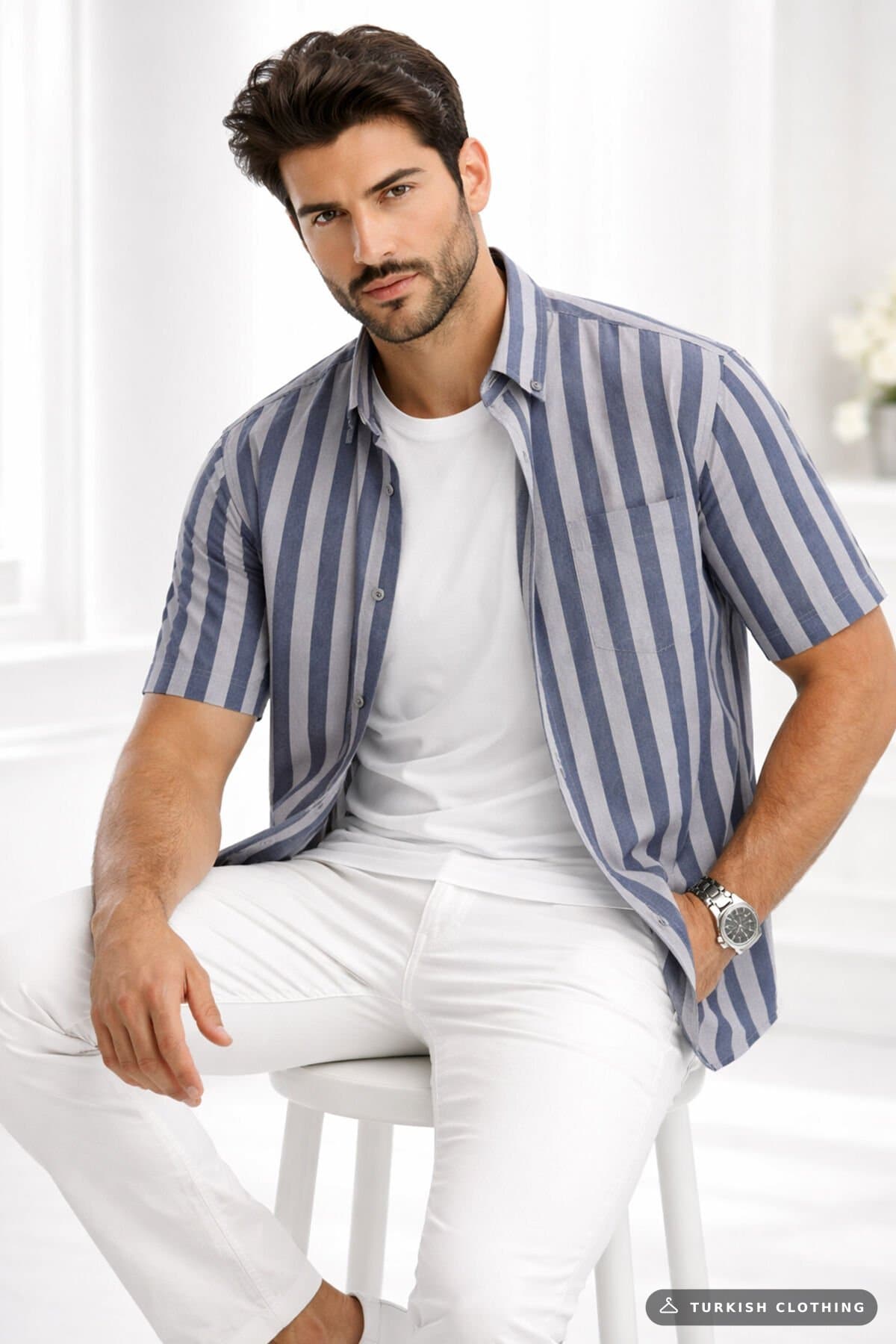 Varetta Men's Short Sleeve Shirt Navy Blue Collar Buttoned Pocket Summer Casual – wholesale Shirts by Varetta, Turkish