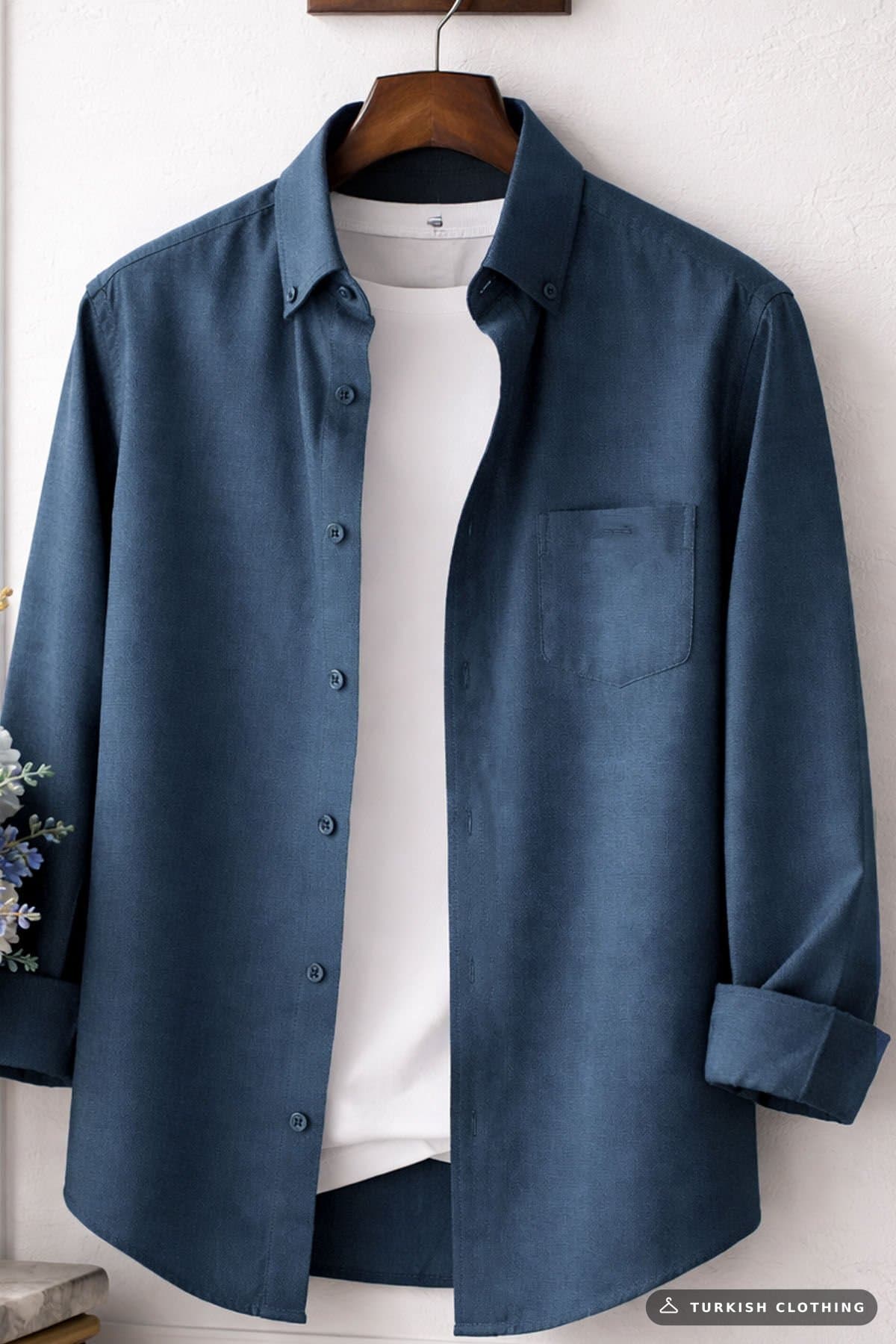Varetta Men's Slate Blue Large Size Collar Buttoned Long Sleeve Plain Shirt – wholesale Shirts by Varetta, Turkish clothing