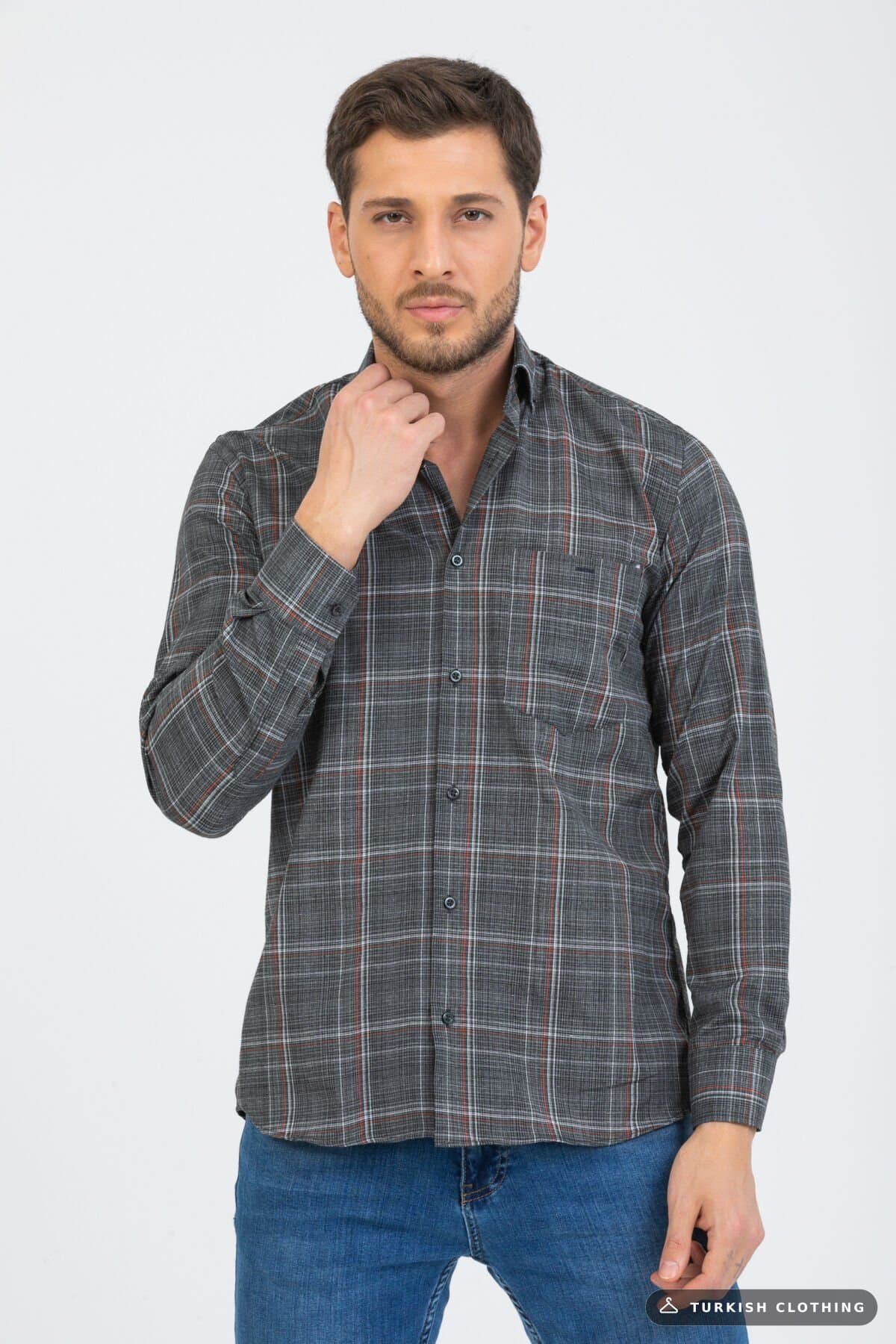 Varetta Men's Smoked Checkered Sleeve Classic Cut Collar Buttoned Shirt — Smoke Gray – wholesale Shirts by Varetta, Turkish