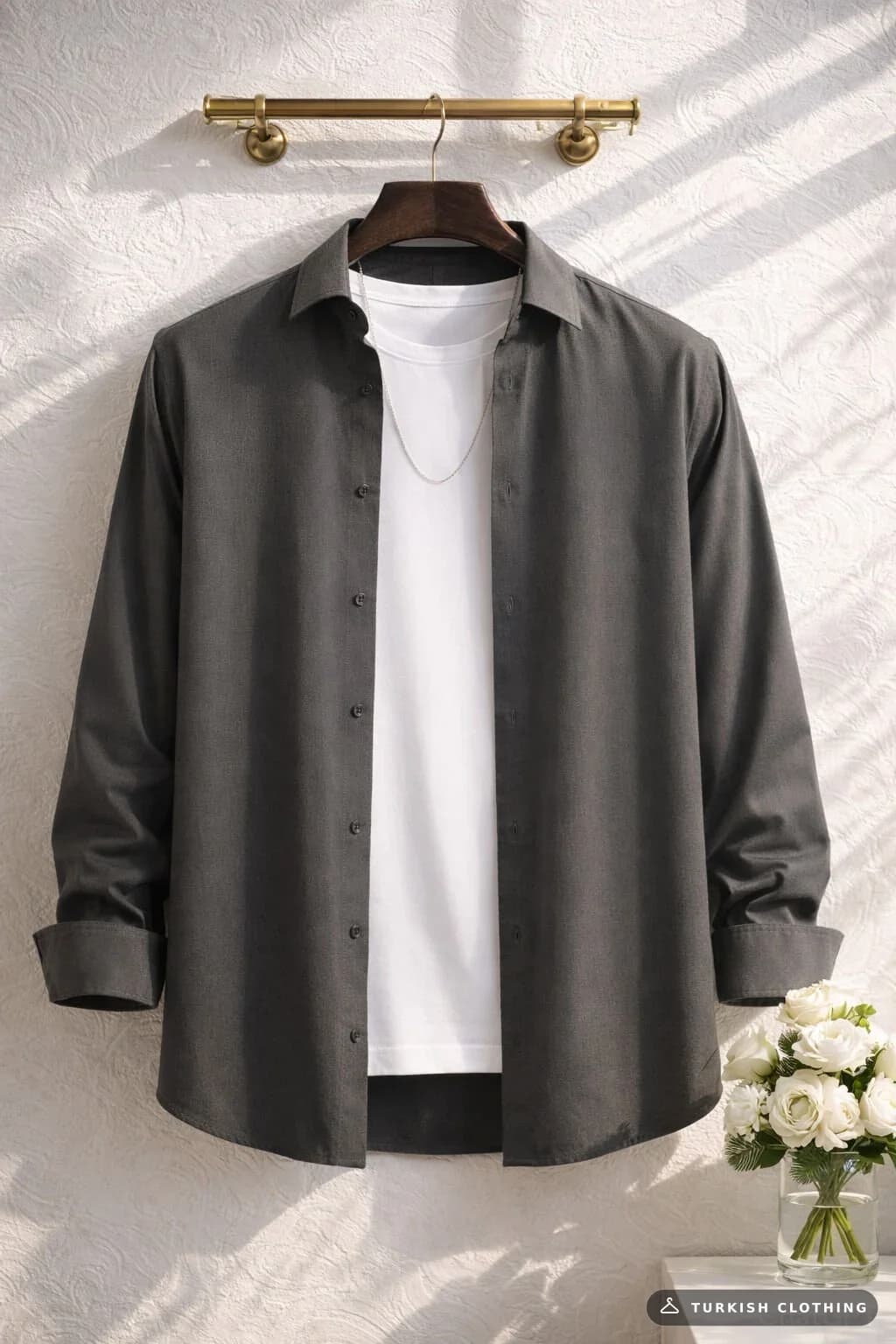Varetta Men's Smoked Plain No Pocket Wide Cut Long Sleeve Shirt — Smoke Gray