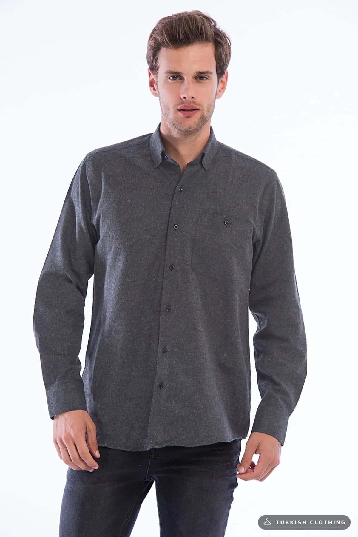 Varetta Men's Smoked Winter Pocket Plain Wide Cut Shirt — Smoke Gray – wholesale Shirts by Varetta, Turkish clothing