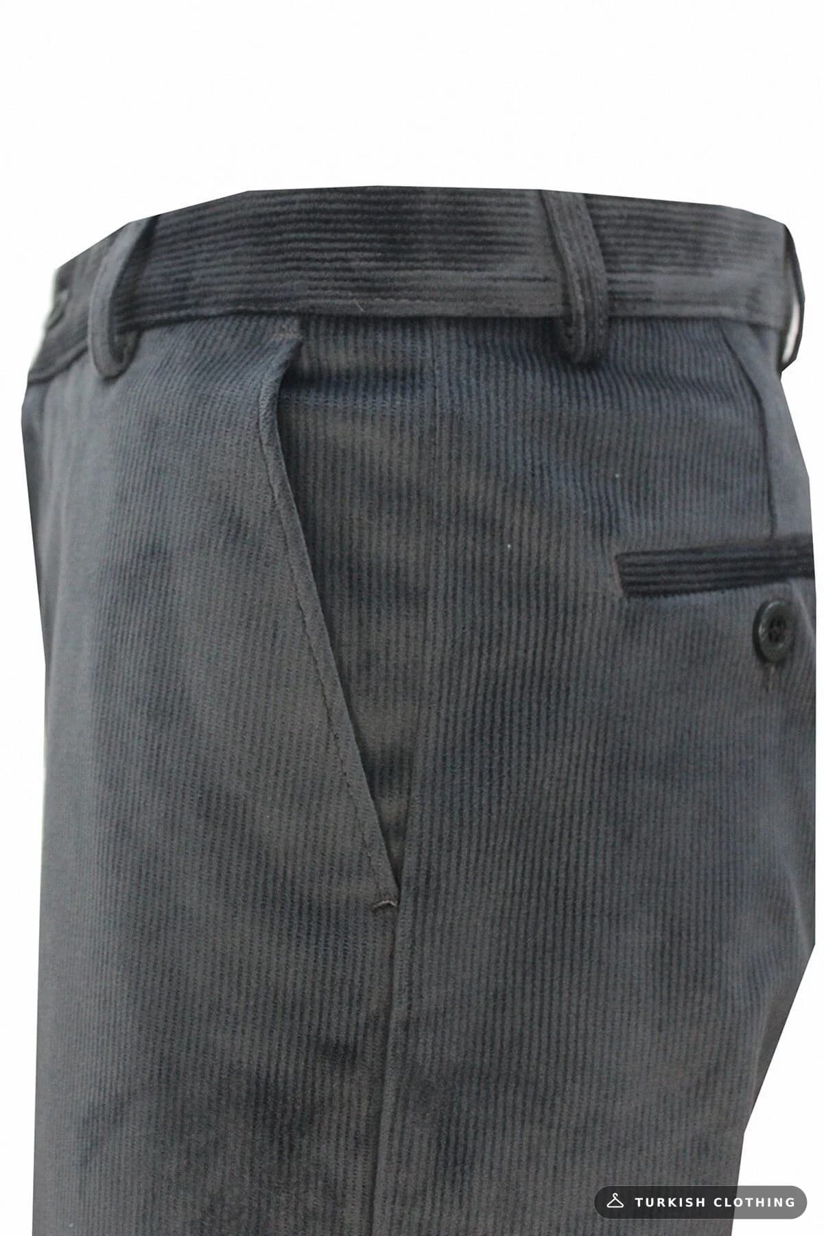 Varetta Men's Smoked Winter Thin Ribbed Pocket Classic Cut Velvet Trousers — Smoke Gray