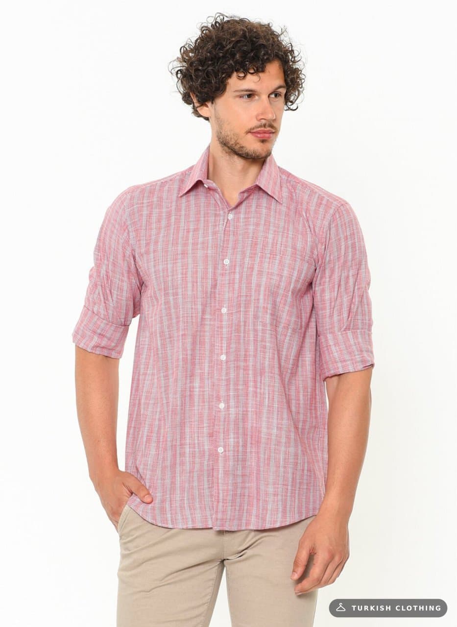 Varetta Men's Striped Wide Cut Long Sleeve Pocket Cotton Shirt — Pink – wholesale Shirts by Varetta, Turkish clothing