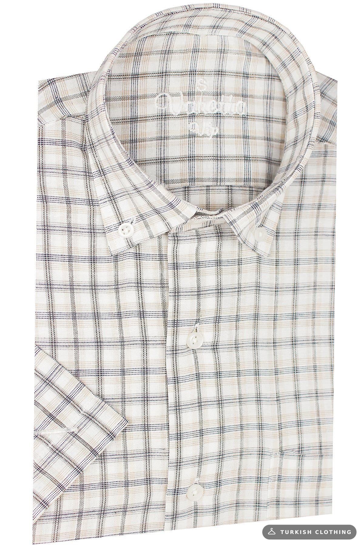 Varetta Men's Tan Checkered Short Sleeve Shirt — Blue – wholesale Shirts by Varetta, Turkish clothing manufacturer