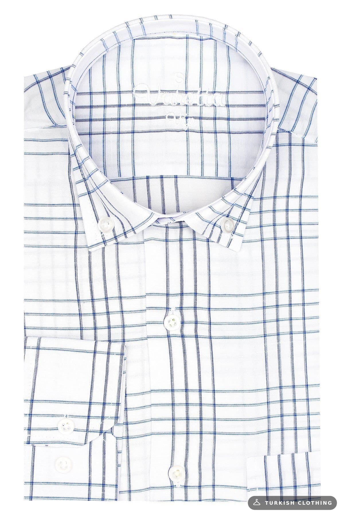 Varetta Men's White Blue Checkered Long Sleeve Button Collar Classic Cut Shirt – wholesale Shirts by Varetta, Turkish