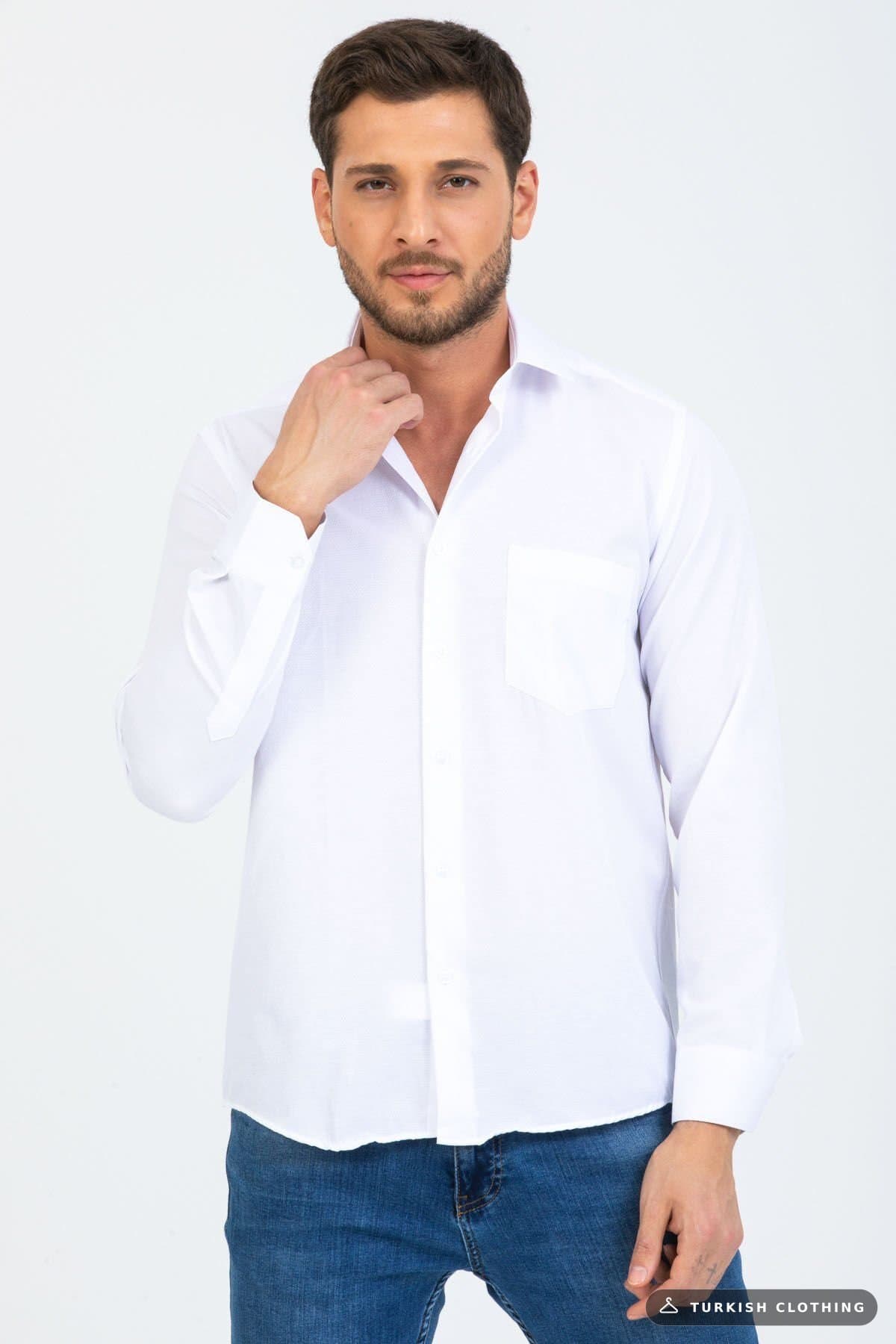 Varetta Men's White Dobby Shirt Long Sleeve Classic Cut Pocket — Checked Button-Down – wholesale Shirts by Varetta, Turkish