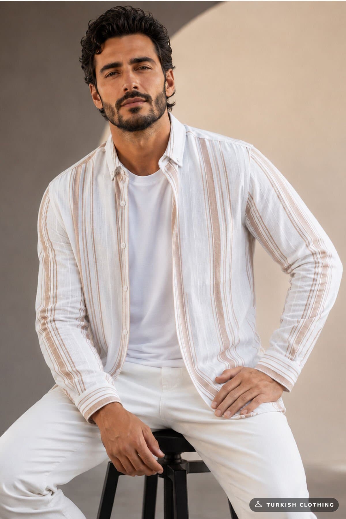 Varetta Men's White Long Sleeve Shirt Linen Effect Wide Cut Striped No Pocket – wholesale Shirts by Varetta, Turkish