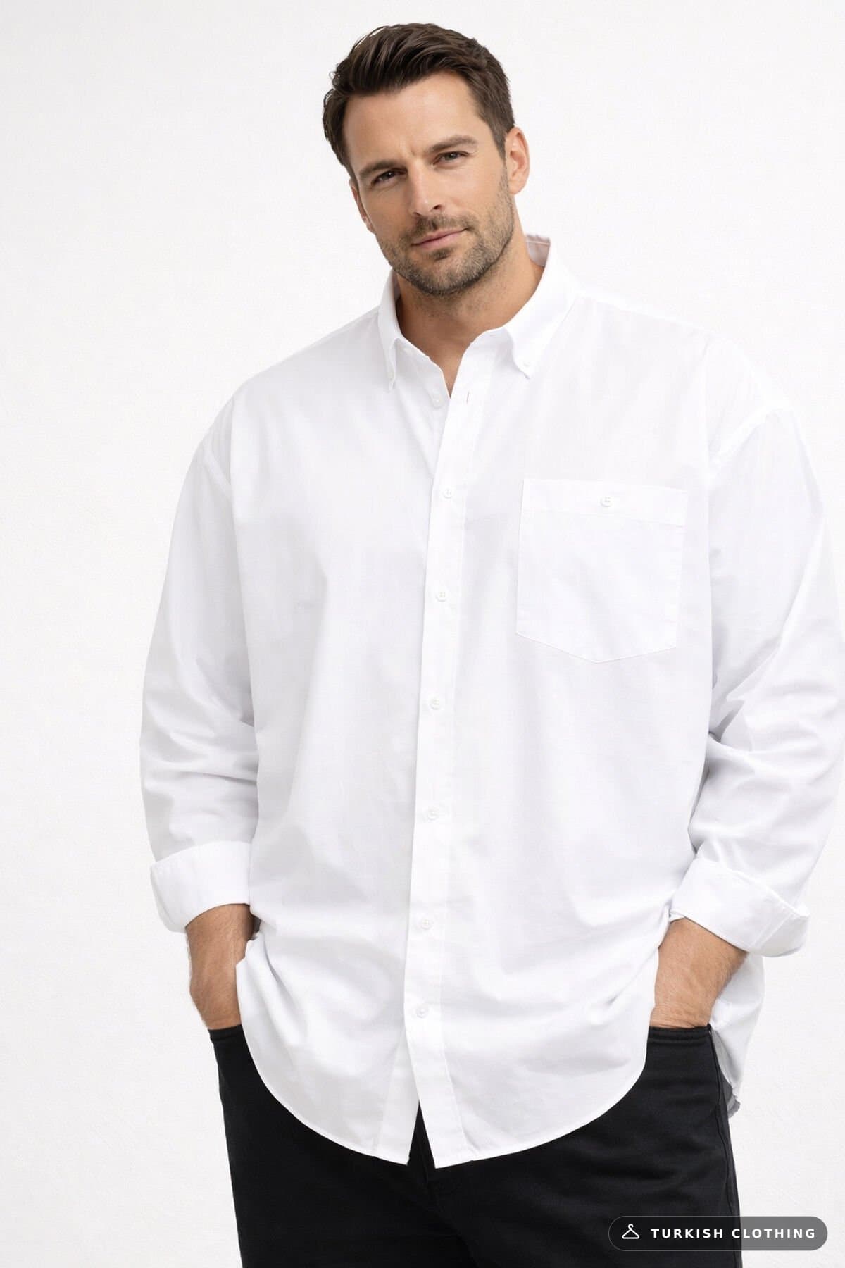 Varetta Men's White Plus Size Shirt Button Collar Pocket Long Sleeve – wholesale Shirts by Varetta, Turkish clothing