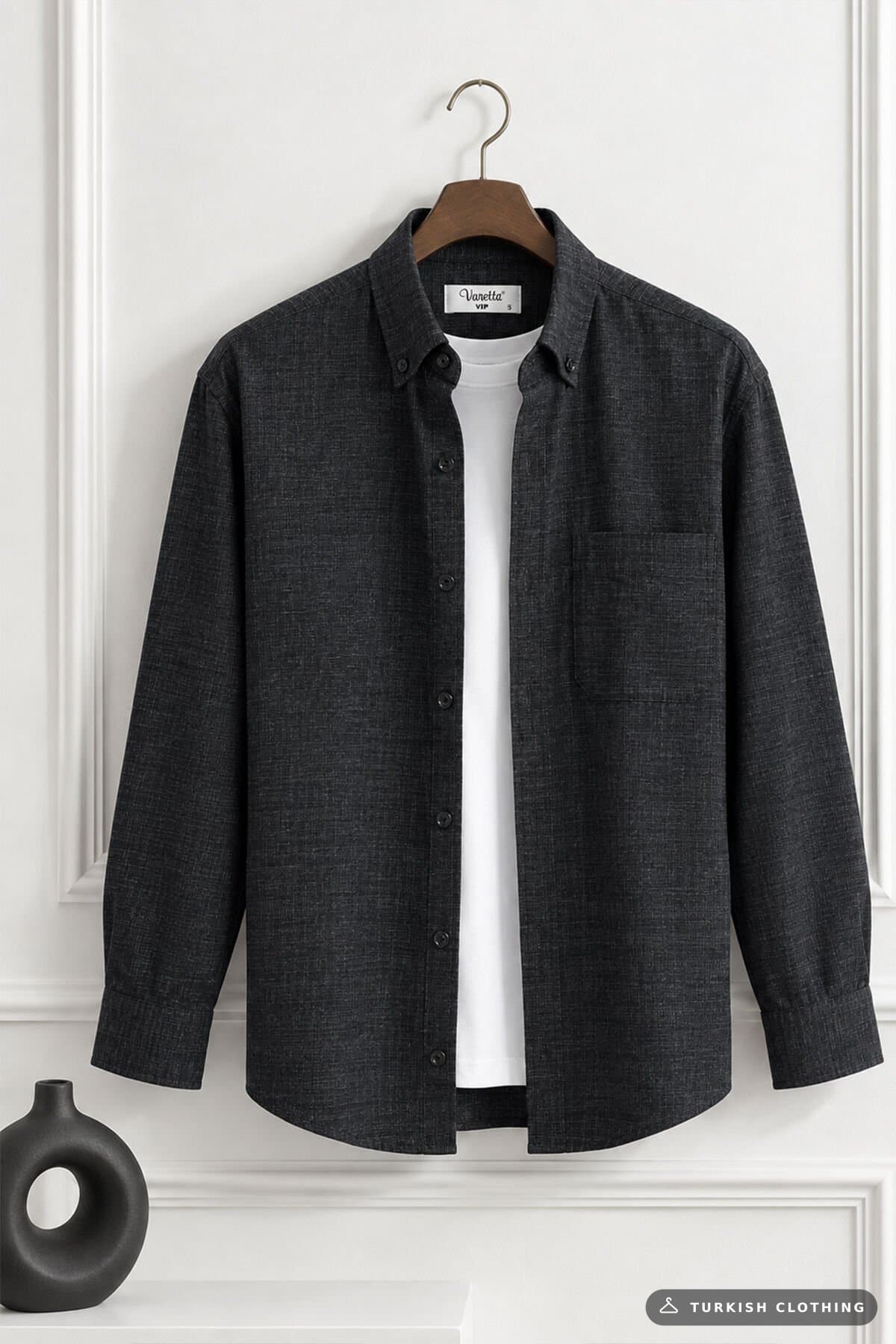Varetta Men's Winter Black Shirt Buttoned Collar Single Pocket Classic Cut – wholesale Shirts by Varetta, Turkish clothing