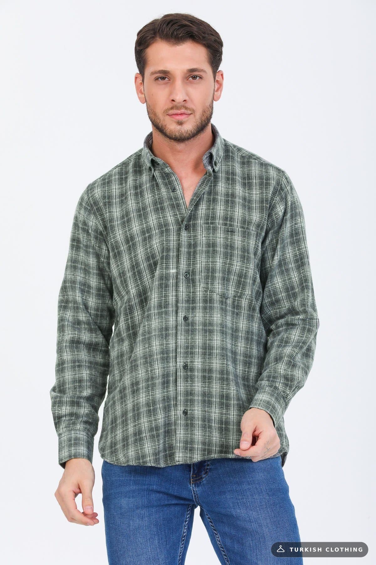 Varetta Men's Winter Shirt Green Checkered Classic Cut Collar Buttoned – wholesale Shirts by Varetta, Turkish clothing