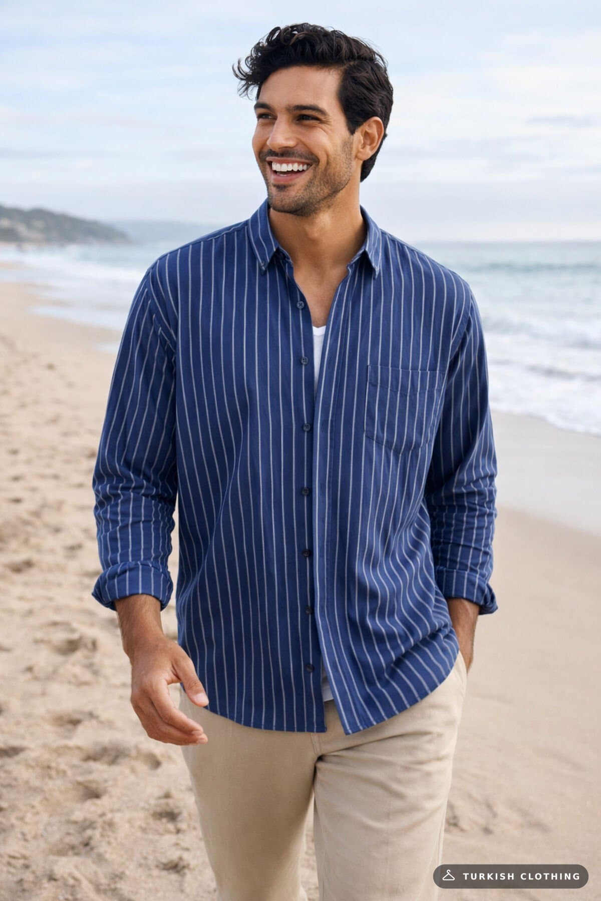 Varetta Navy Blue Striped Classic Men's Shirt Cotton, Pocket, Long Sleeve – wholesale Shirts by Varetta, Turkish clothing