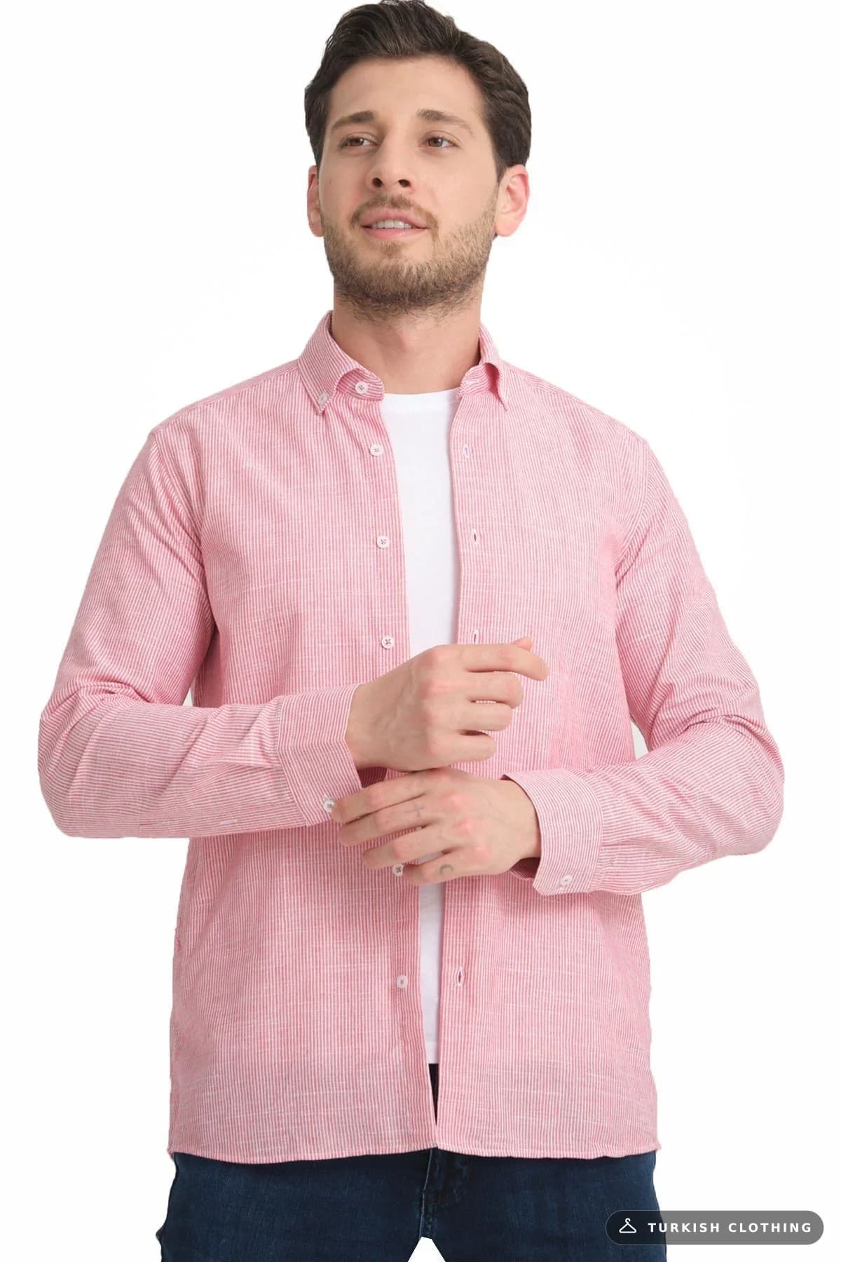 Varetta Pink Striped Linen Cotton Pocketless Long Sleeve Shirt