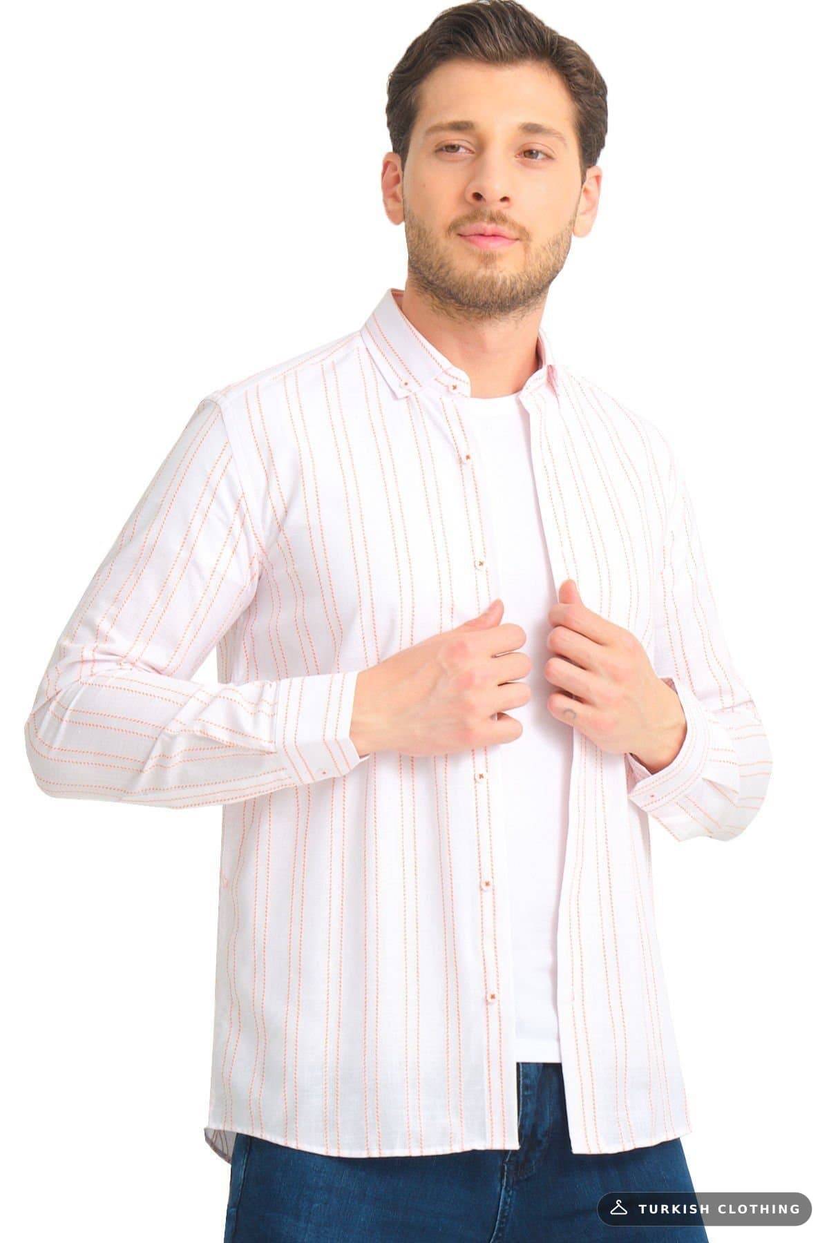 Varetta White Striped Linen Cotton Long Sleeve Shirt Without Pockets – wholesale Shirts by Varetta, Turkish clothing