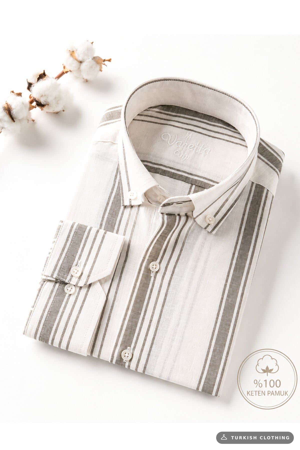 Varetta White Striped Shirt Linen Effect Cotton No Pocket Long Sleeve — Green – wholesale Shirts by Varetta, Turkish